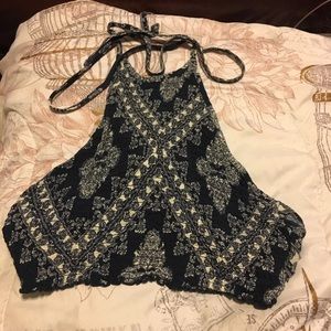 Navy blue and white tie up crop top